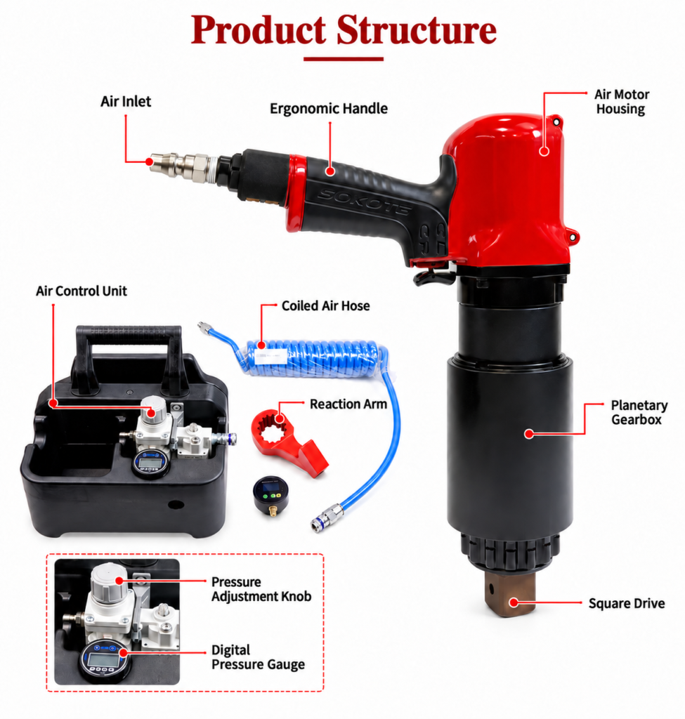 PTW pneumatic torque wrench with air control unit and connecting hoses