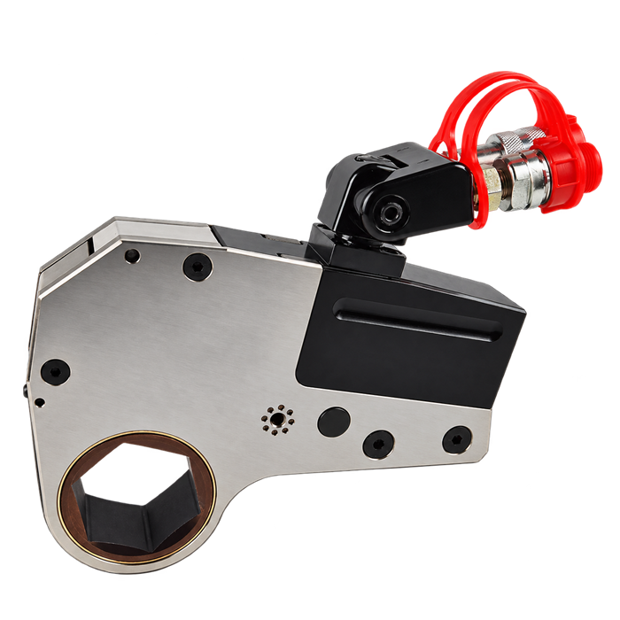 XLCT low-profile hydraulic torque wrench with six annotated features and close-up views of the cassette, swivel, couplers and hydraulic drive.