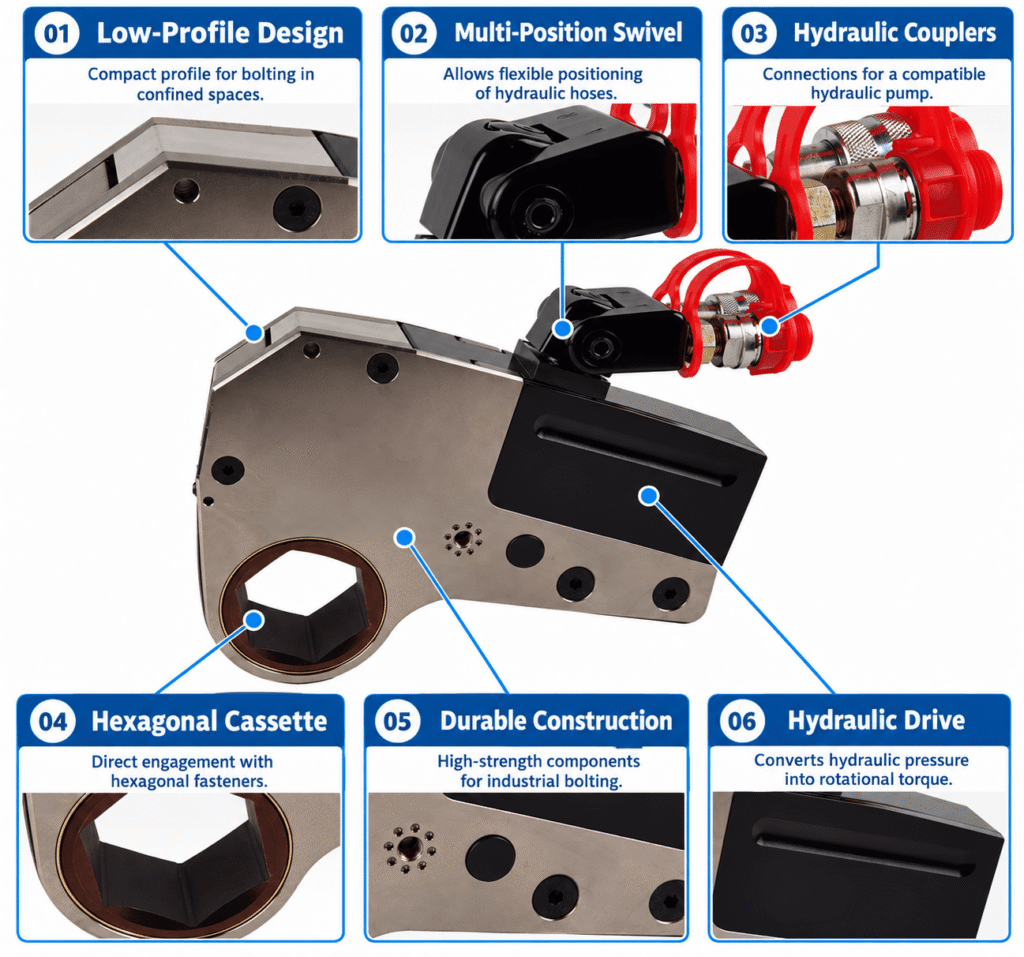 XLCT low-profile hydraulic torque wrench with six annotated features and close-up views of the cassette, swivel, couplers and hydraulic drive.